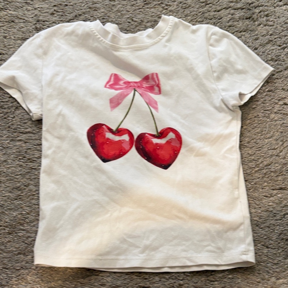 Edikted White Crop Top with Red Cherry Graphic and Pink Bow
